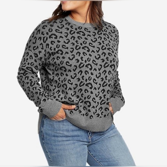 Sz Large Eddie Bauer Cotton Lyocell Blend Crewneck Leopard Print Sweater - Picture 1 of 6